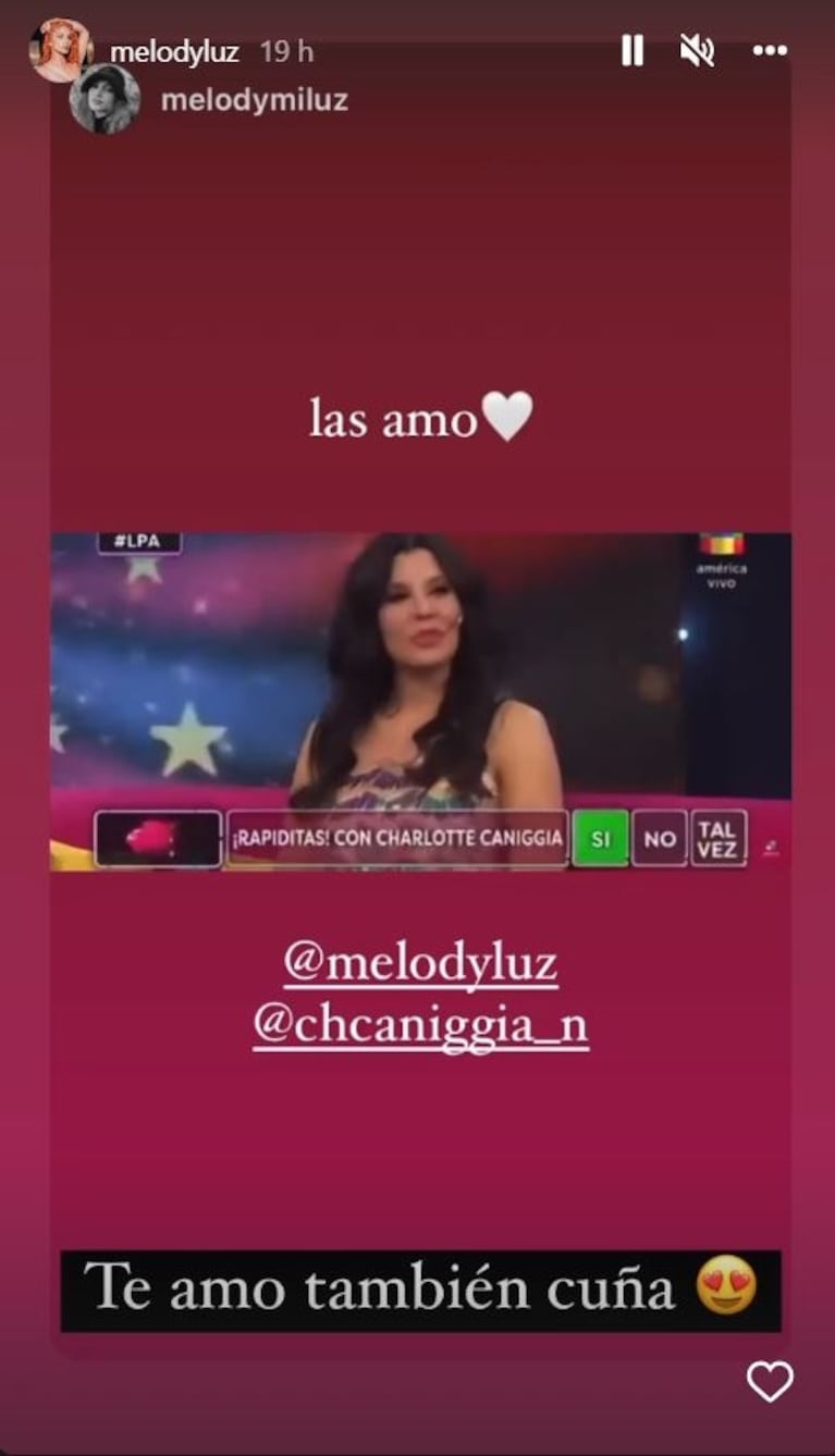 La reacción de Melody Luz al ver a Charlotte Caniggia hablar de ella en televisión: "También te amo, cuña"