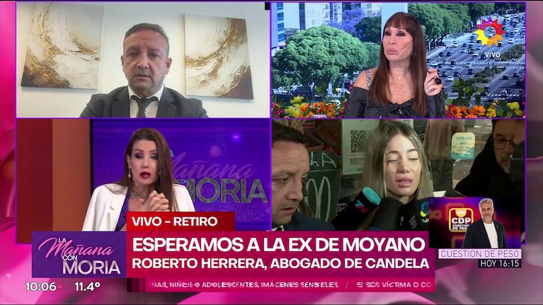 La reacción de Moria Casán al cruce de Amalia Díaz Guiñazú con Gustavo Méndez, Pampa Mónaco y el abogado de Candela Arizaga en La Mañana con Moria (Foto: captura de eltrece).