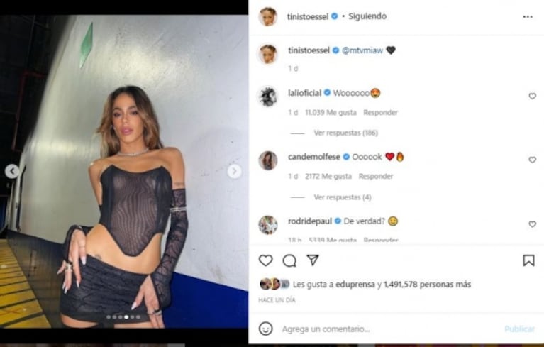 La reacción de Rodrigo de Paul ante el look con transparencias de Tini Stoessel en los premios MTV Miaw 