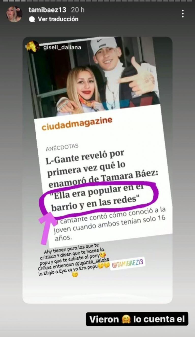 La reacción de Tamara Báez luego de que L-Gante contara cómo lo enamoró: "¿Vieron?"