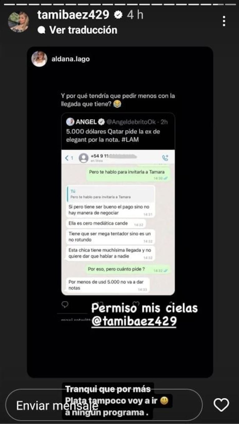La reacción de Tamara Báez luego de que se filtrara que cobraría 5000 dólares por dar una nota: "Tranqui que por más plata tampoco lo hago"