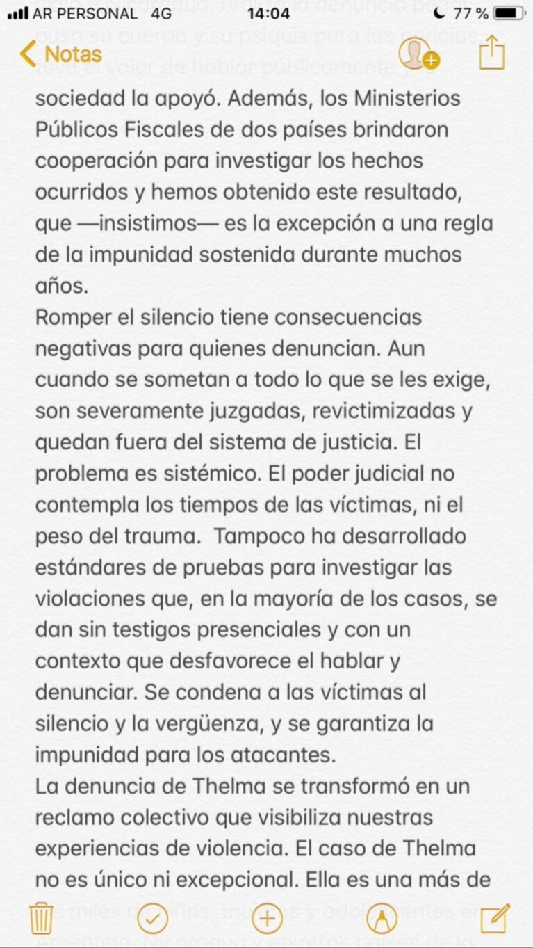 La reacción de Thelma Fardin en redes tras la acusación de violación y pedido de captura contra Juan Darthés