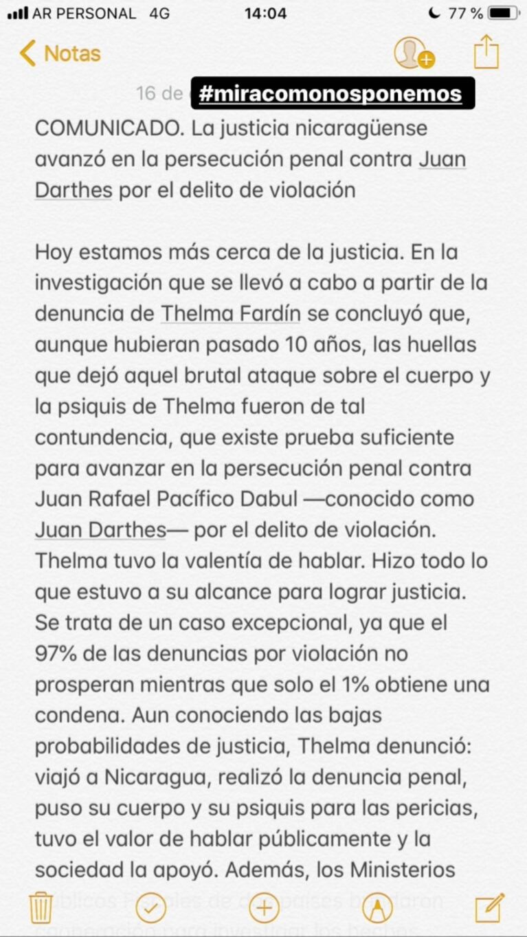 La reacción de Thelma Fardin en redes tras la acusación de violación y pedido de captura contra Juan Darthés