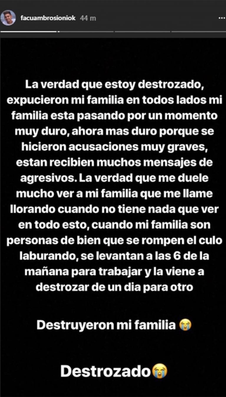 La reacción del novio de Morena, tras el descargo de Jorge Rial: "Estoy destrozado, expusieron a mi familia"