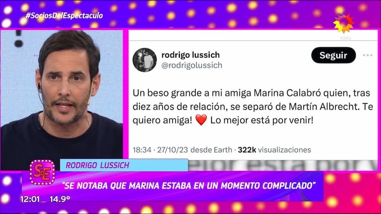 La reacción en caliente de Rodrigo Lussich tras el enojo de Marina Calabró por anunciar su separación