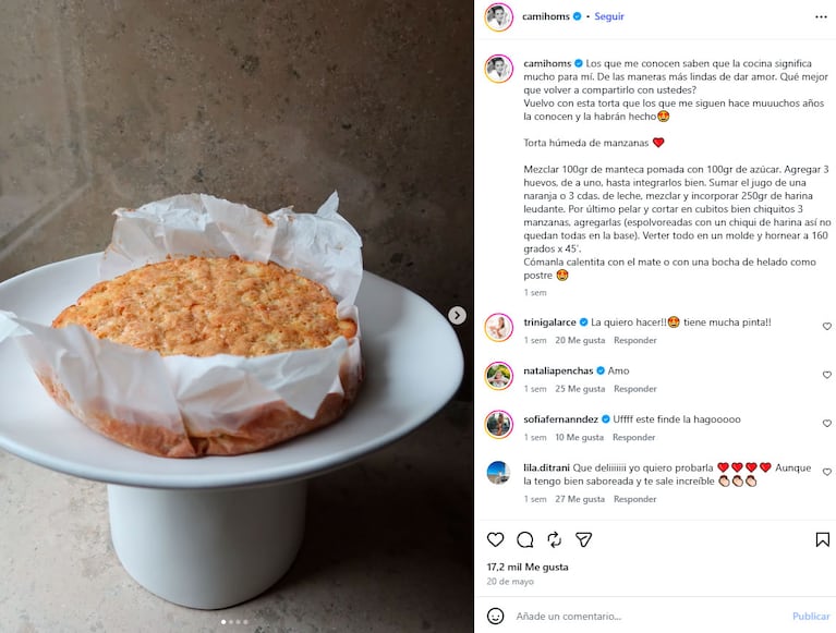 La receta de la torta húmeda de manzanas de Cami Homs (Foto de Instagram)