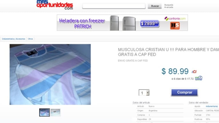 La remera de Cristian U. se vende por internet. (Foto: captura web)