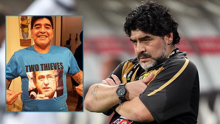 La remera de Diego Maradona contra Blatter y Platini. Fotos: Instagram y Web.