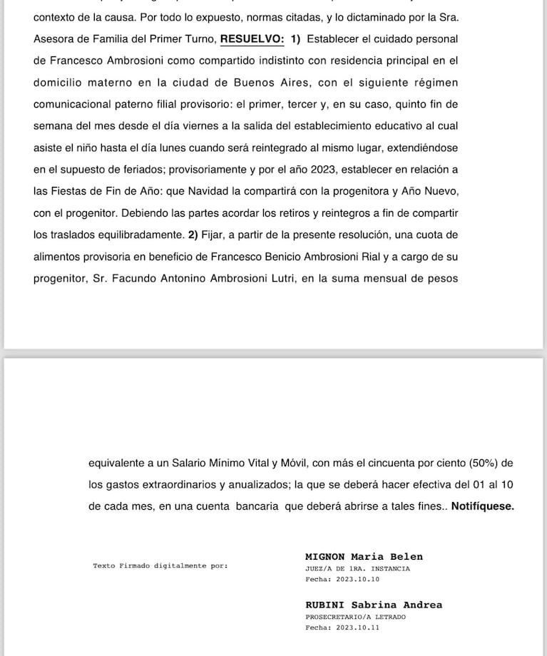La resolución judicial que Morena Rial logró contra Facundo Ambrosioni por Francesco. (Foto: Ciudad)