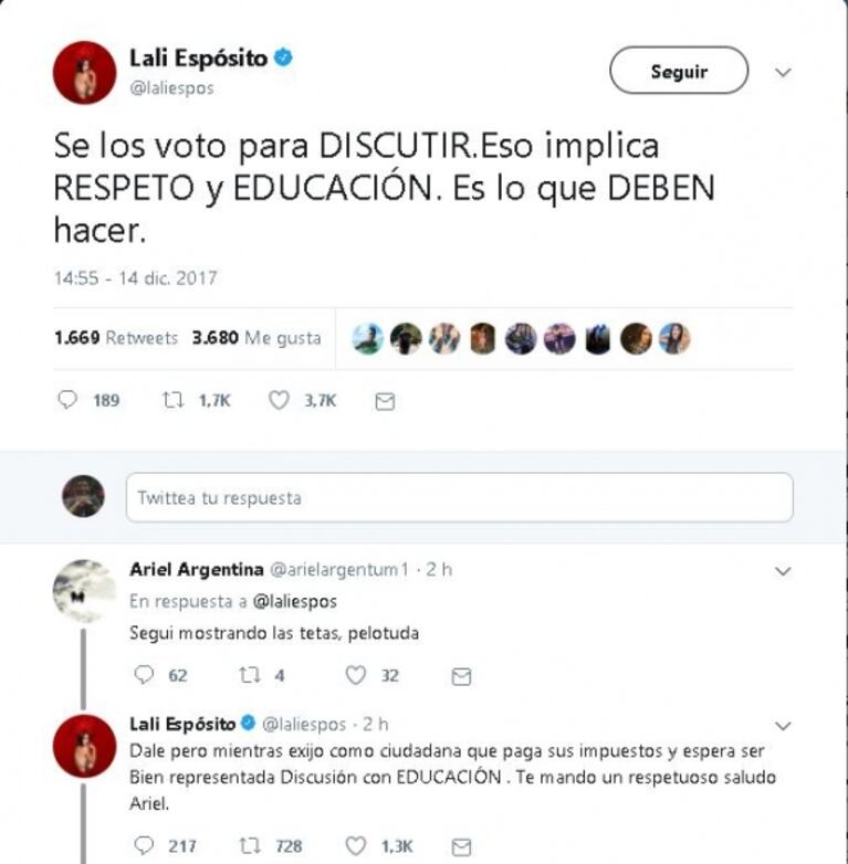 La respuesta con altura de Lali Espósito a la agresión de un usuario de Twitter, tras un mensaje sobre los incidentes en el Congreso