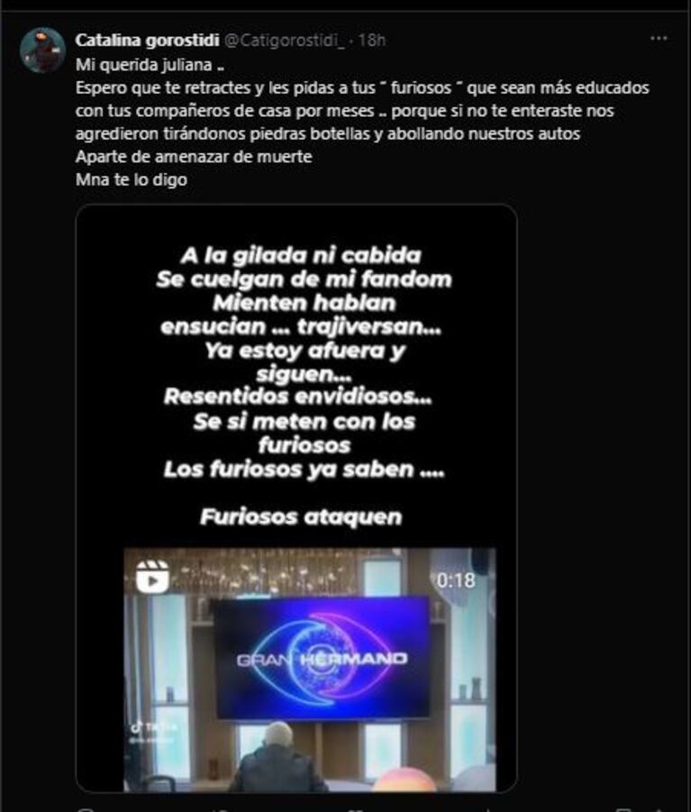 La respuesta de Catalina al mensaje de Furia en redes (Foto: Twitter/ X)