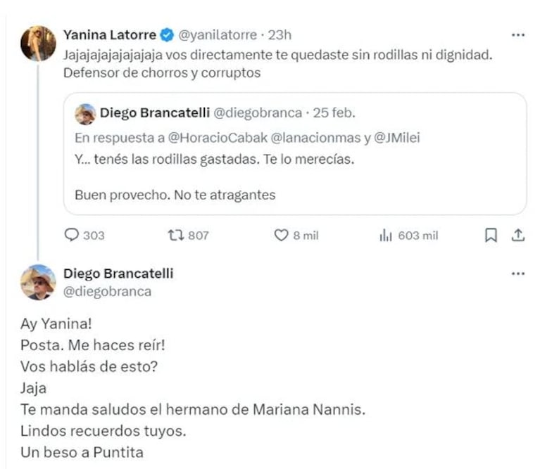 La respuesta de Diego Brancatelli a Horacio Cabak y el comentario de Yanina Latorre en contra del periodista.