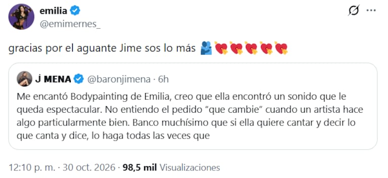 La respuesta de Emilia Mernes a Jimena Barón tras su mensaje en redes (Foto: captura de X).
