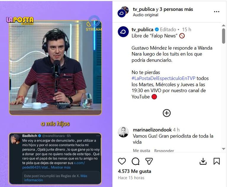 La respuesta de Gustavo Méndez a Wanda Nara (Foto: captura de Instagram/@tv_publica).