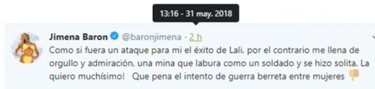 La respuesta de Jimena Barón a Ángel de Brito: "Qué pena el intento de guerra berreta entre mujeres"