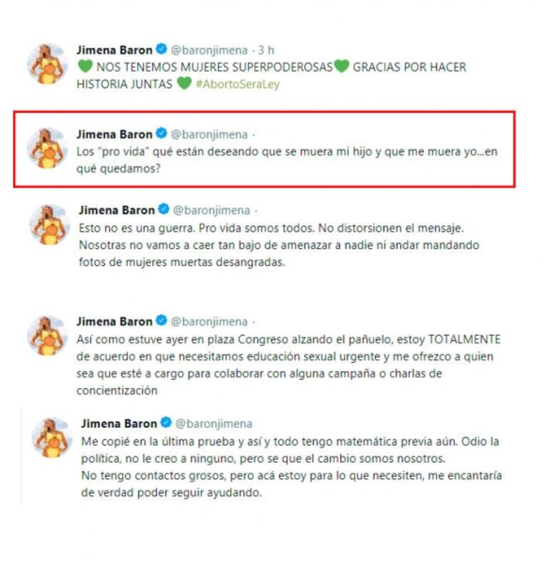 La respuesta de Jimena Barón a las agresiones en Twitter tras la media sanción del aborto legal