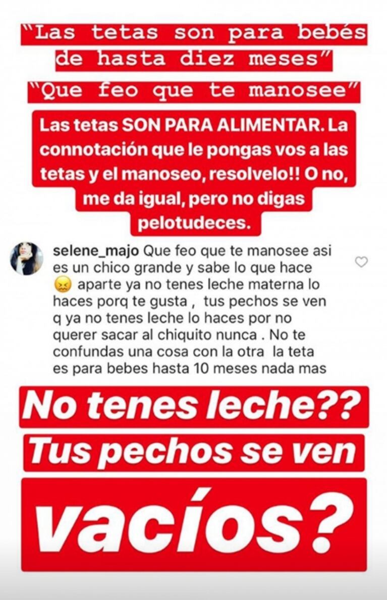 La respuesta de Juana Repetto tras las críticas y la censura de Instagram por publicar un video sacándose leche de sus pechos