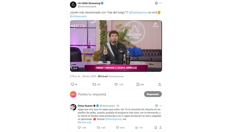 La respuesta de la China Suárez a Juli Poggio en la red social X.