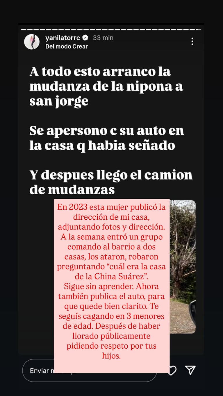 La respuesta de la China Suárez a Yanina Latorre en Instagram