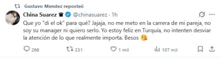 La respuesta de la China Suárez ante los rumores de Icardi en River Plate (Foto: captura X/Twitter)