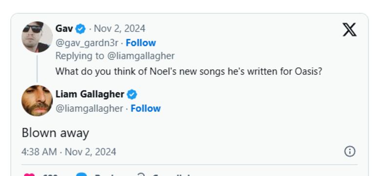 La respuesta de Liam Gallagher a la pregunta de un fan sobre un posible disco de Oasis (Foto: X).