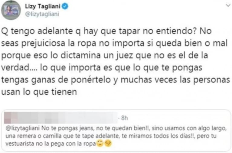 La respuesta de Lizy Tagliani a una mujer que criticó su look: “¿Qué tengo adelante que hay que tapar?"
