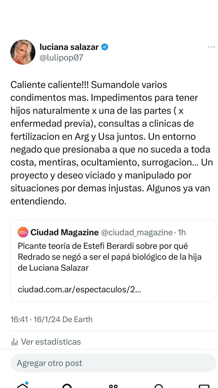 La respuesta de Luciana Salazar a Estefi Berardi (Foto: Instagram @salazarluli)