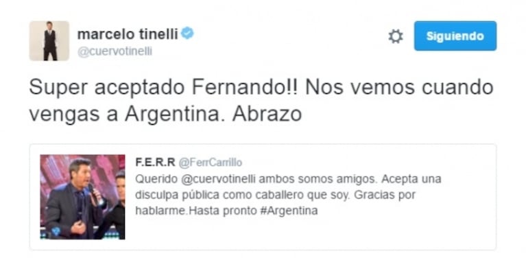 La respuesta de Marcelo Tinelli tras el pedido de disculpas de Fernando Carrillo por haberlo llamado "gil": "Súper aceptado, nos vemos cuando vengas a la Argentina"