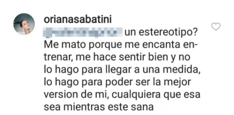 La respuesta de Oriana Sabatini a una seguidora que criticó una foto de su figura: "No me entreno para llegar a ninguna medida"