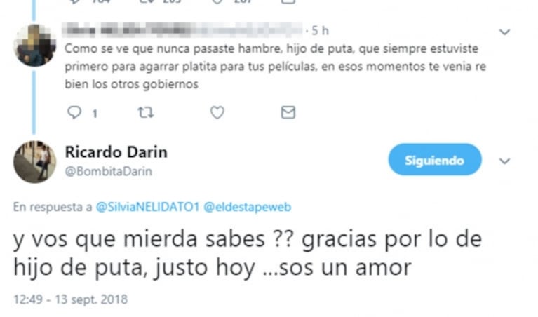 La respuesta de Ricardo Darín a una twittera que lo insultó el día de la muerte de su madre: "Justo hoy"