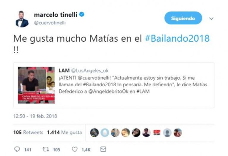 La respuesta de Tinelli a la autopostulación de Matías Defederico: "Me gusta mucho para Bailando 2018"