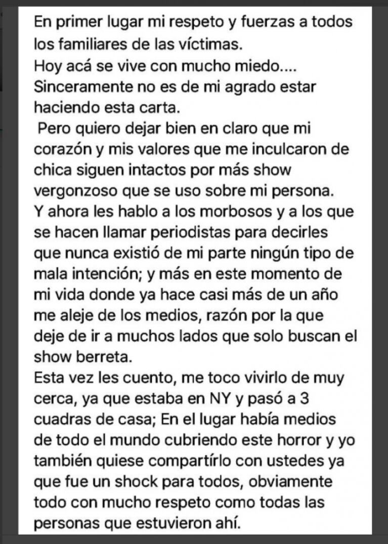 La respuesta de Vicky Xipolitakis a las críticas por su aparición tras el atentado en Nueva York: "Les hablo a los morbosos, nunca existió de mi parte mala intención, pido respeto y más amor"
