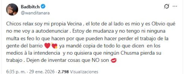 La respuesta de Wanda Nara a las versiones de que está en guerra con sus vecinos (Foto: Twitter / X)