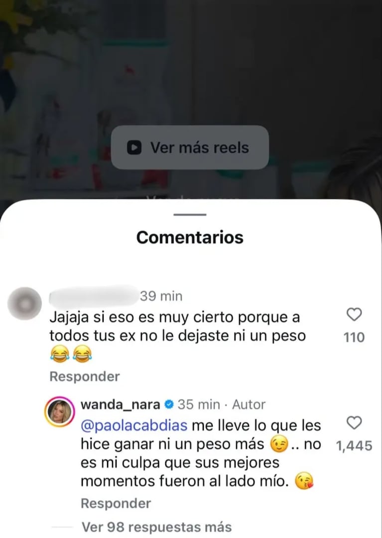 La respuesta de Wanda Nara a una usuaria (Captura: Instagram @wanda_nara)