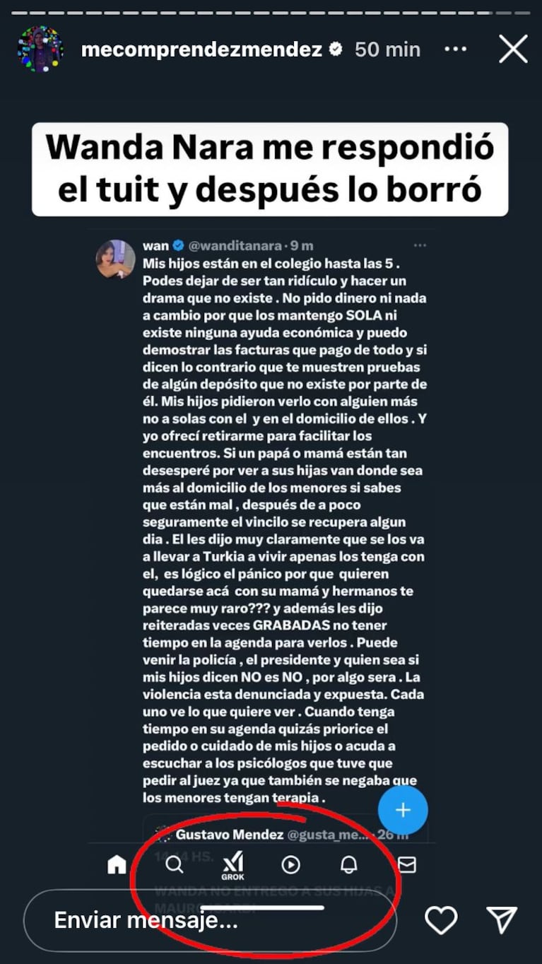 La respuesta de Wanda Nara al periodista Gustavo Mendez sobre por qué no entrega a sus hijas a Mauro Icardi (Foto: Instagram/@mecomprendezmendez).