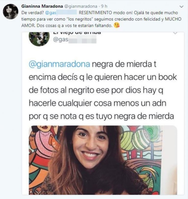 La respuesta Gianinna Maradona a un repulsivo mensaje de un seguidor a su hijo