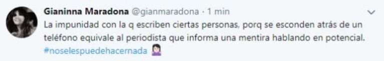 La respuesta Gianinna Maradona a un repulsivo mensaje de un seguidor a su hijo