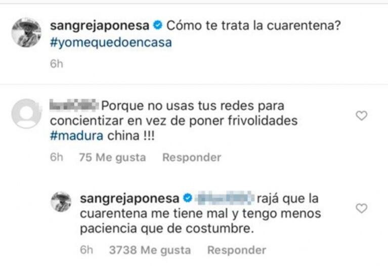 La respuesta sin filtro de China Suárez a una seguidora que le pidió que madure: "Rajá que la cuarentena me tiene mal"