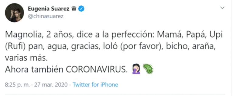 La revelación de China Suárez sobre el impacto de la pandemia en Magnolia: "Dice a la perfección coronavirus"