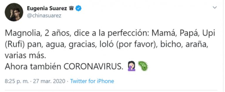 La revelación de China Suárez sobre el impacto de la pandemia en Magnolia: "Dice a la perfección coronavirus"