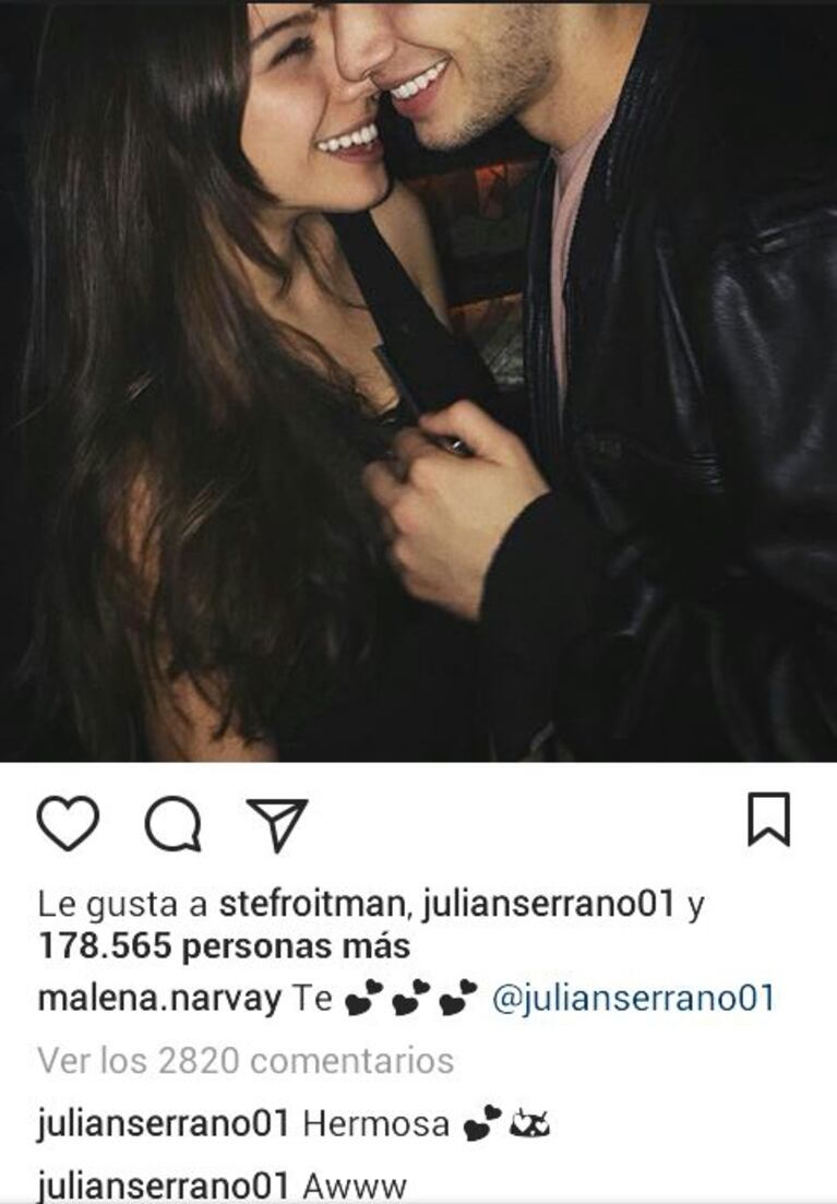 La romántica foto de Malena Narvay con Julián Serrano… ¡y la respuesta de él!: "Awww, hermosa"