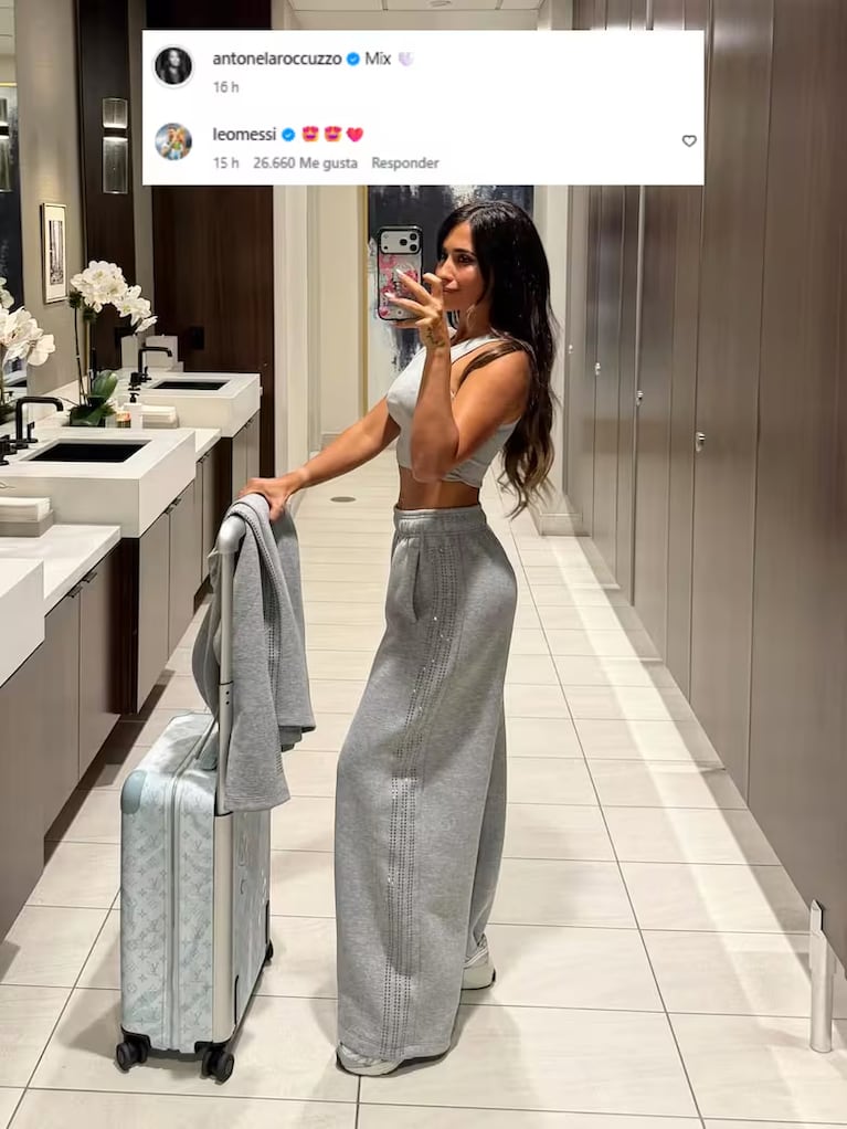 La romántica reacción de Lionel Messi al ver el look de aeropuerto de Antonela Roccuzzo. CRÉDITO: Instagram