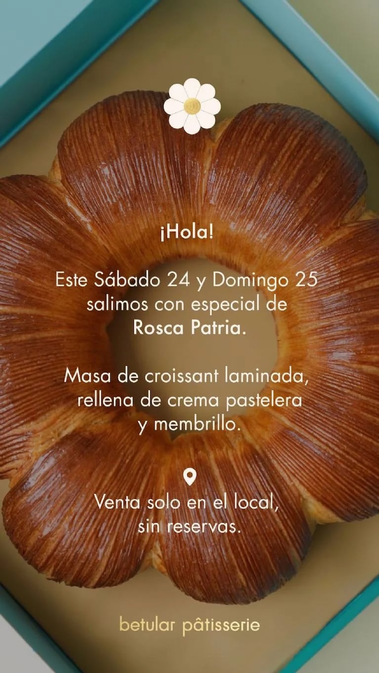 La rosca patria de Damián Betular. Foto: Instagram Stories @betular.patisserie