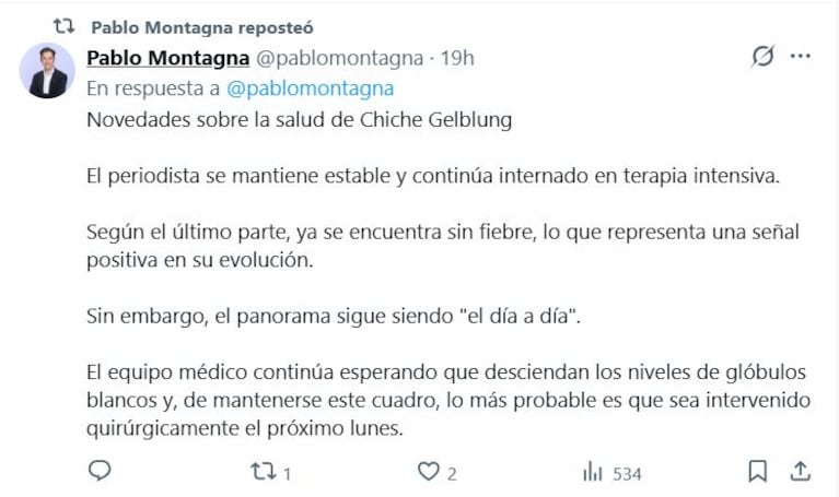 La salud de Chiche Gelblung (Foto: captura de X/@pablomontagna).