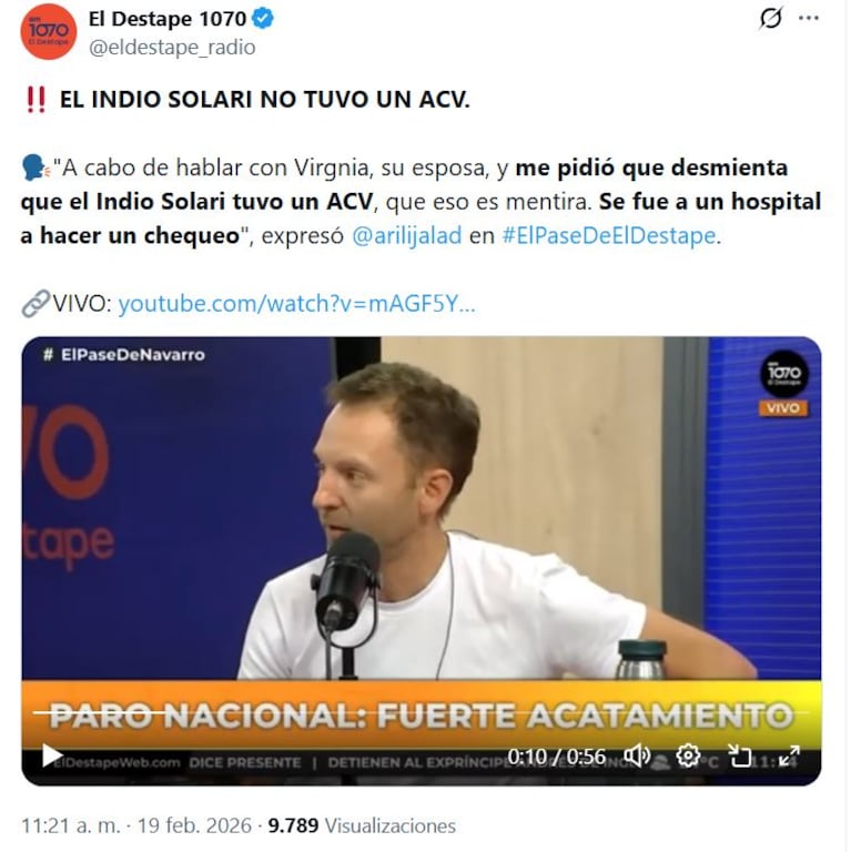 La salud del Indio Solari (Foto: captura de X/@eldestape_radio).