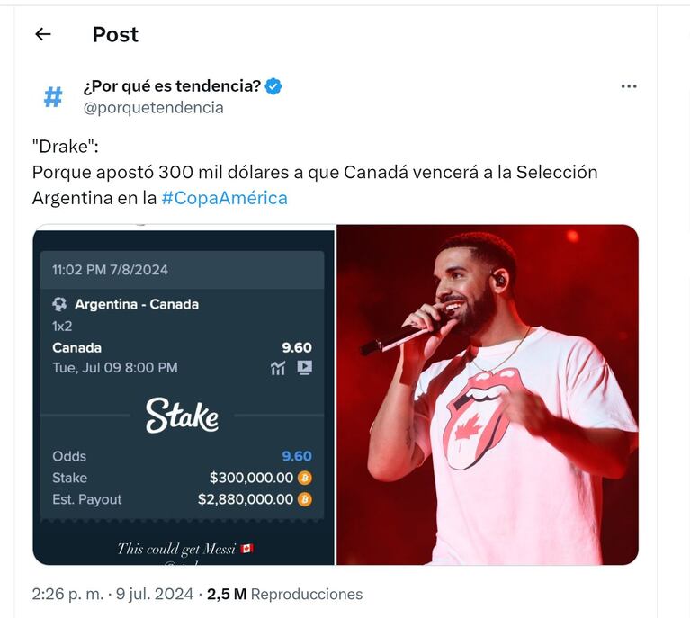 La Selección Argentina se burló de Drake por la apuesta del partido con Canadá / Foto Twitter
