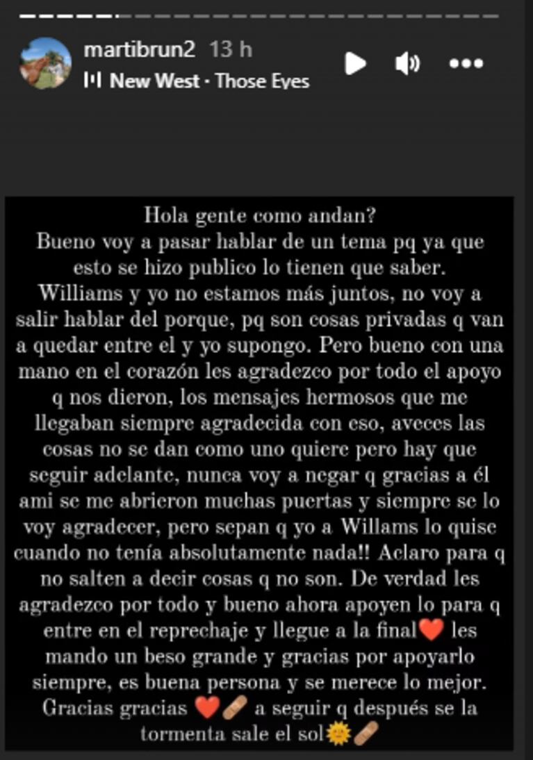 La separación de Paisa Williams López de Gran Hermano 2023 y Martina Brun.