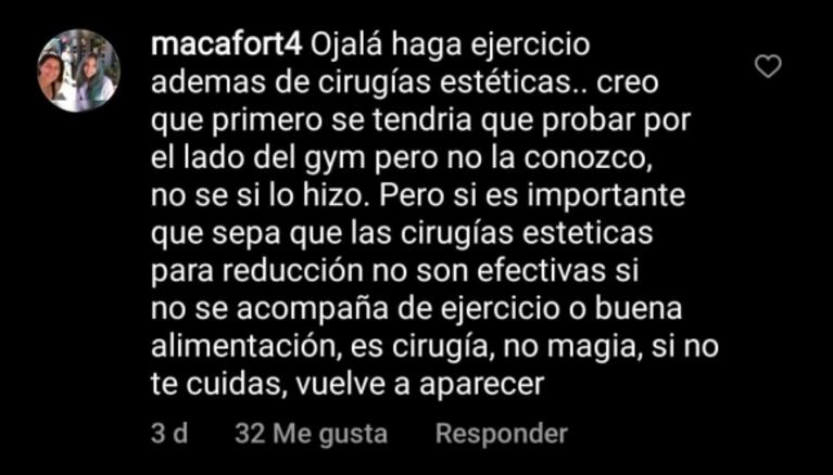 La sobrina de Ricardo Fort cuestionó a More Rial por sus cirugías estéticas: "Es importante que sepa que no son efectivas si no las acompaña con ejercicios"