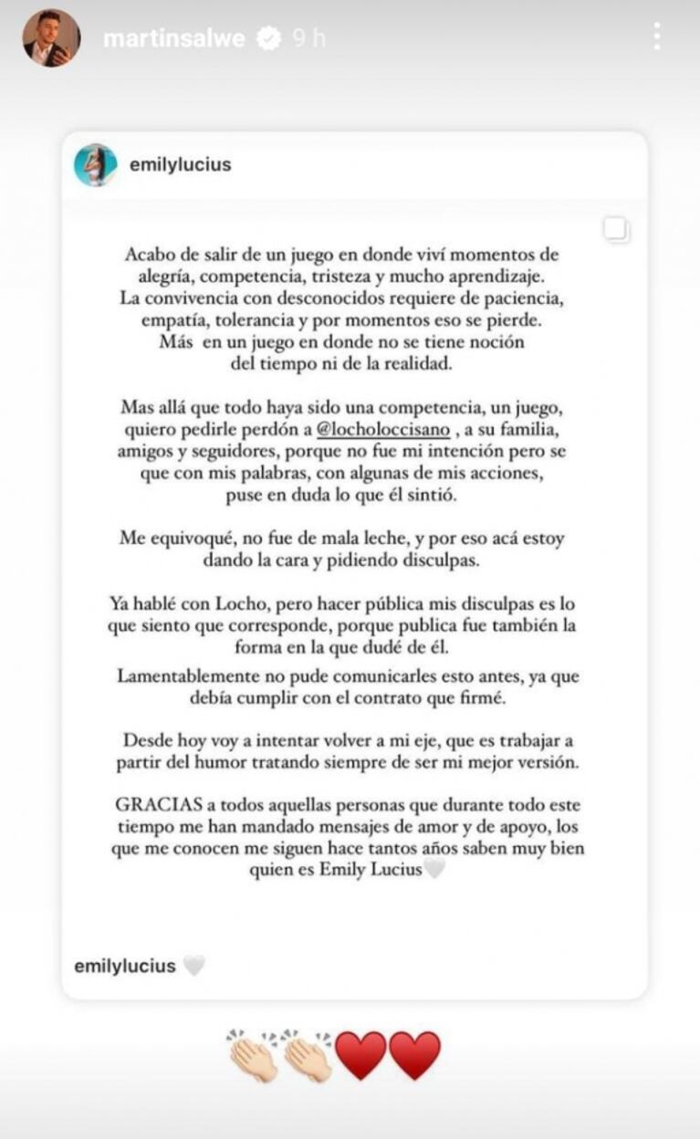 La sorpresiva reacción de Martín Salwe ante el pedido de disculpas de Emily Lucius a Locho Loccisano