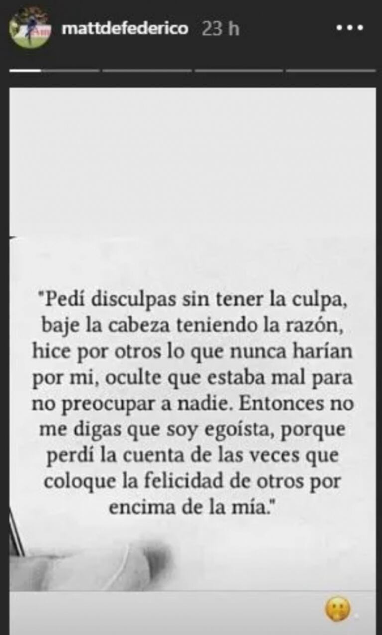 La sugerente frase de Matías Defederico ¿para Cinthia Fernández?: "Bajé la cabeza teniendo razón"